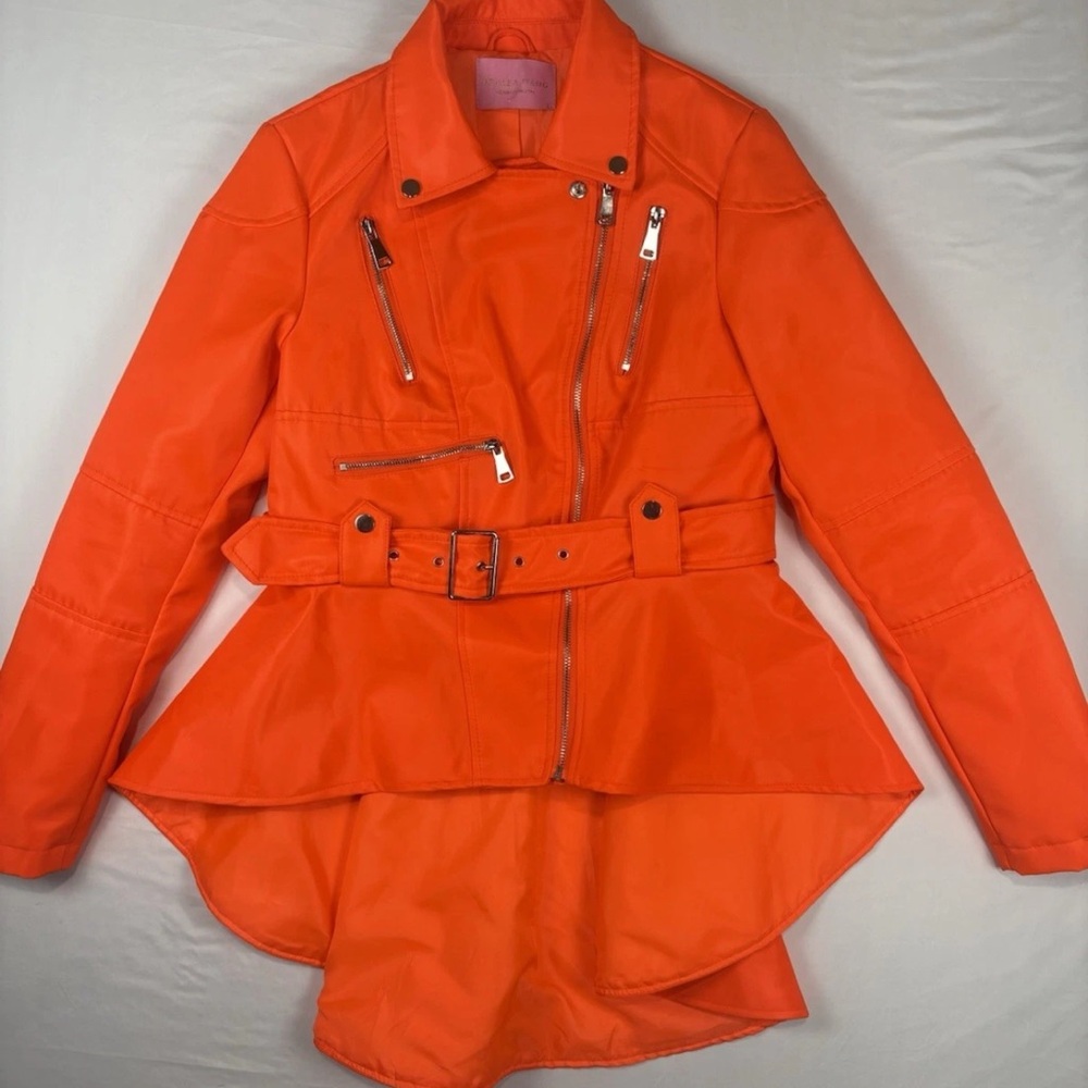 AKIRA Orange Peplum Belted Moto Jacket